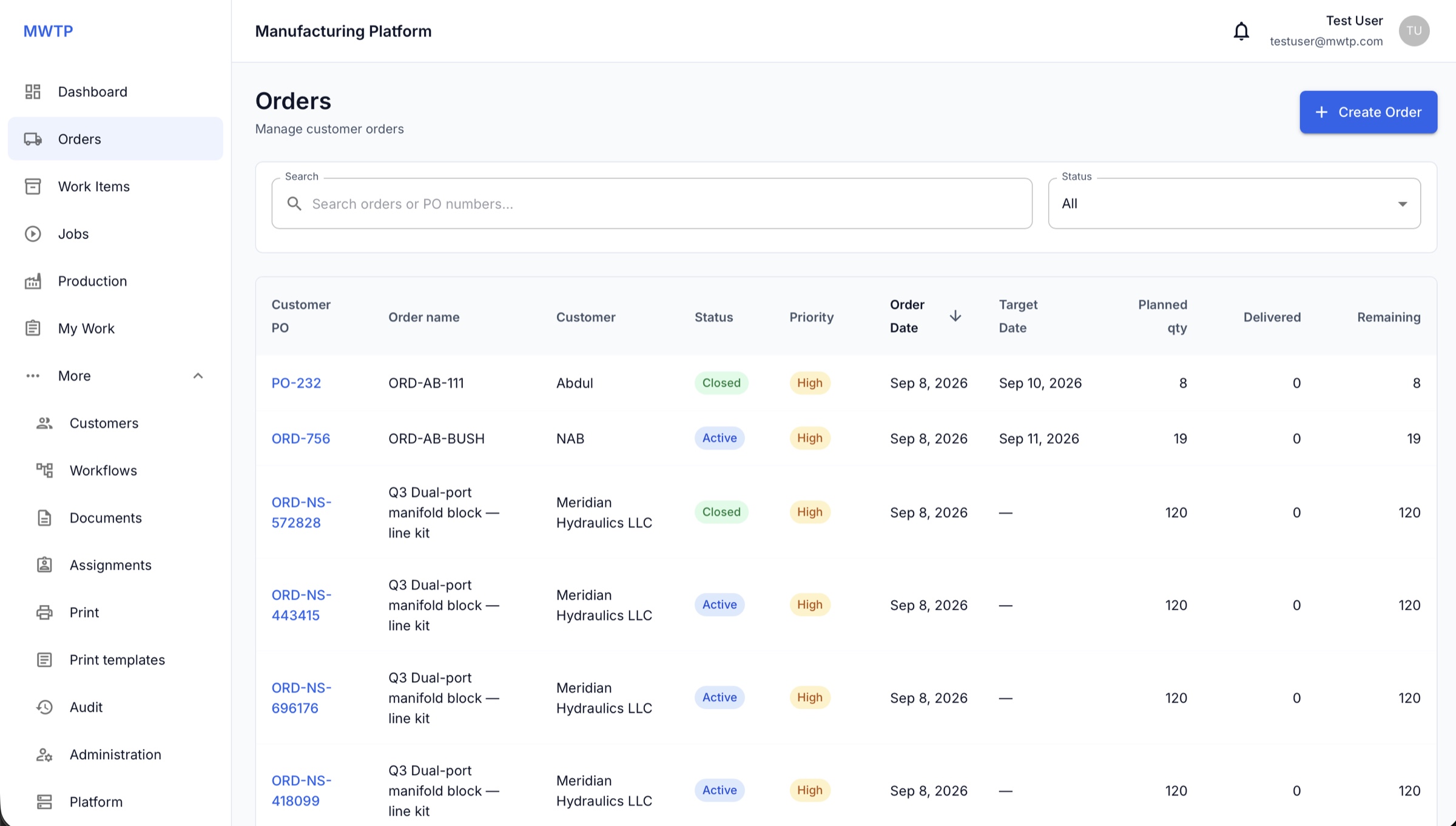 MWTP Orders list — customer orders with status, priority, and quantities